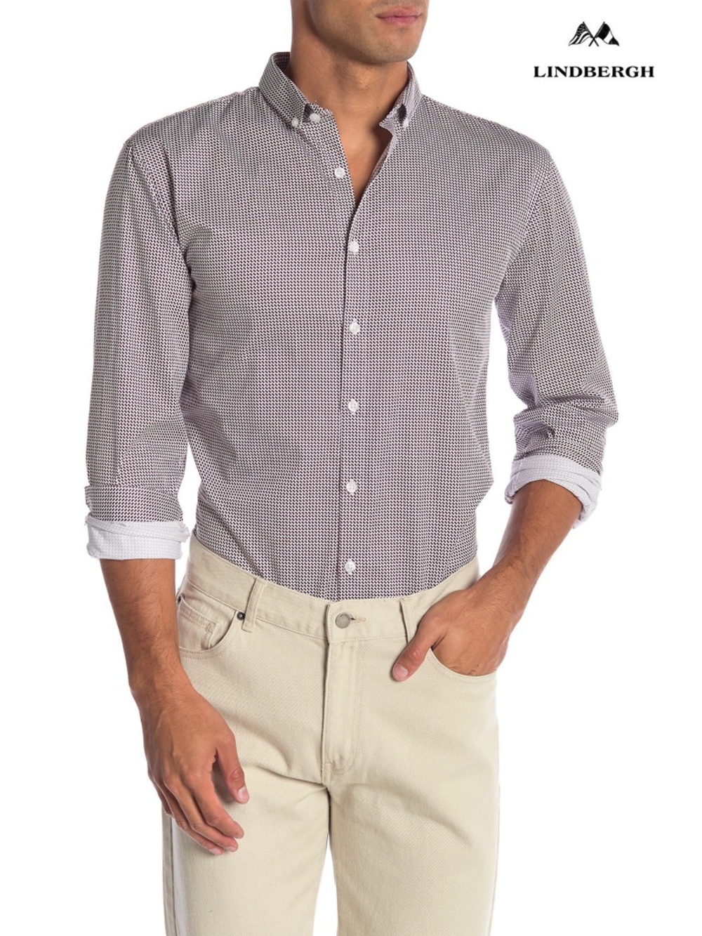 LINDBERGH NWT SLIM FIT L/S BUTTON-UP 100% COTTON PRINTED PURPLE SHIRT. SIZE XL